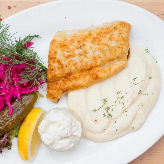 Fried pike perch with mashed potatoes and pickles e1635079541173