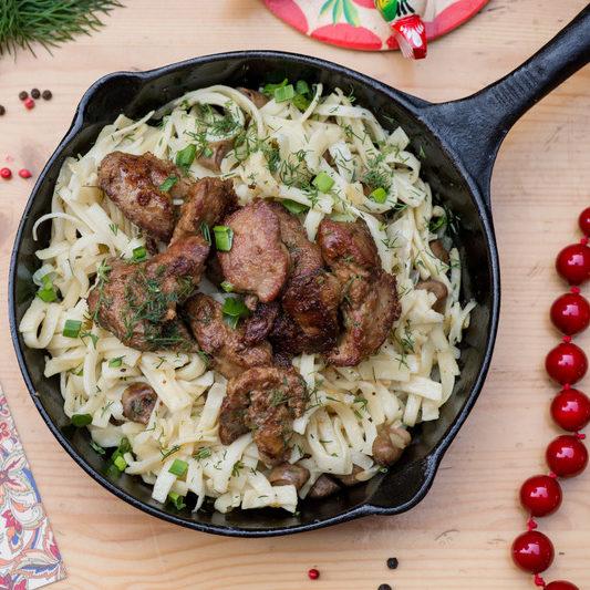 Pan fried chcken livers with home made noodles e1635011579902