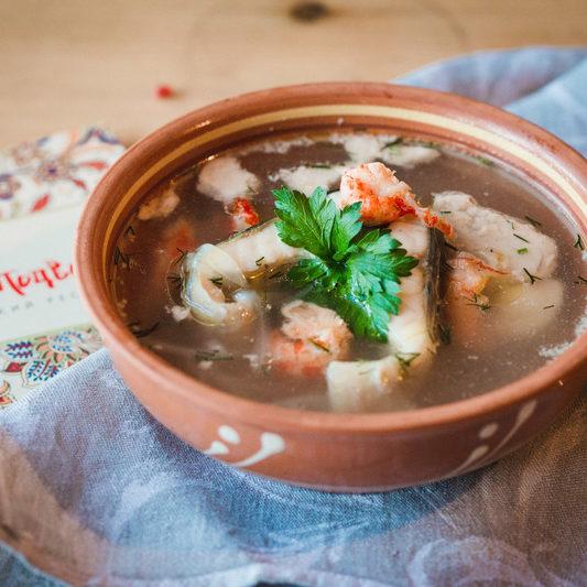 Sterlet soup with crayfish and cod liver e1634999001332